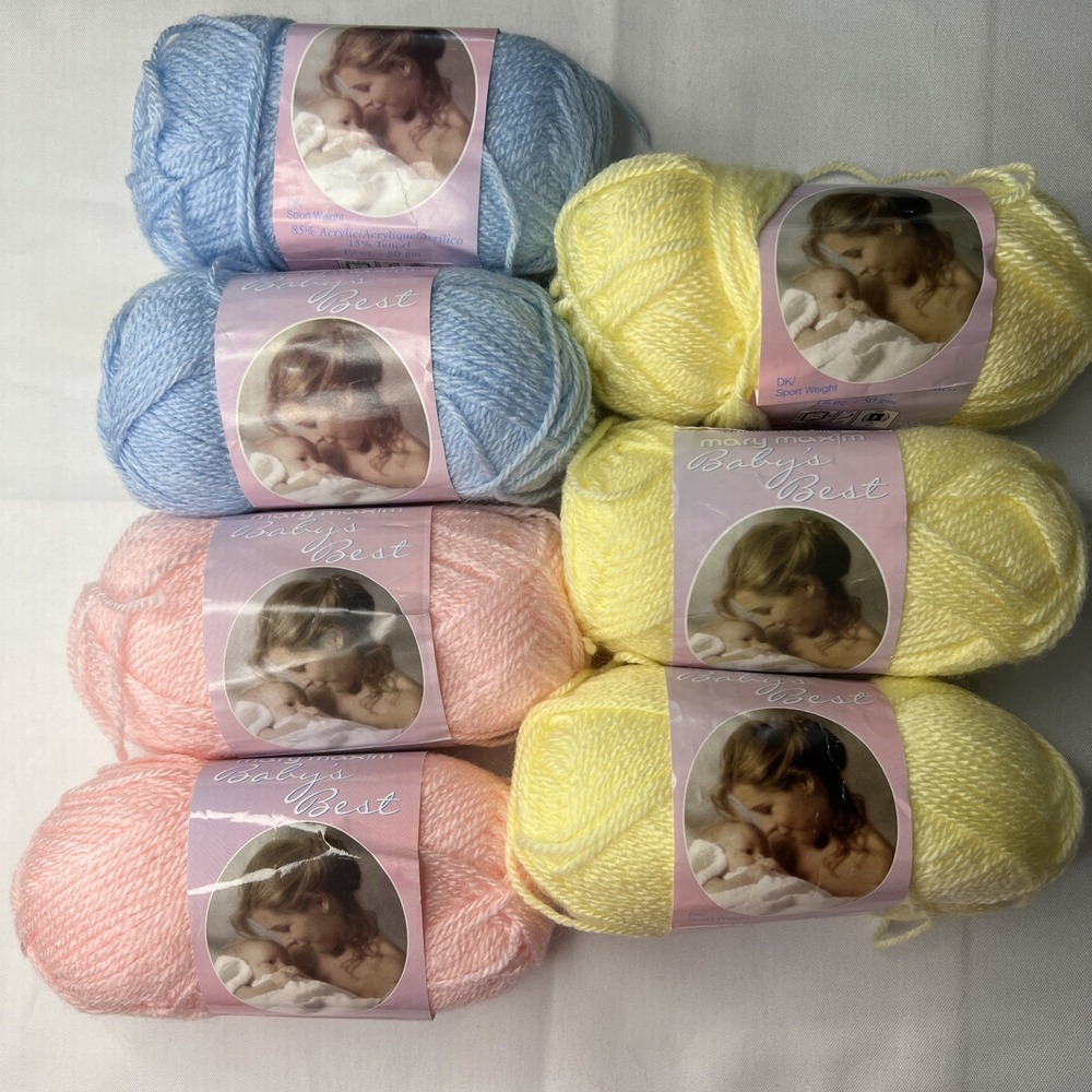 7 Mary Maxim Baby's Best Yarn Colors Blue Pink Lemon Yellow Skeins Size 2